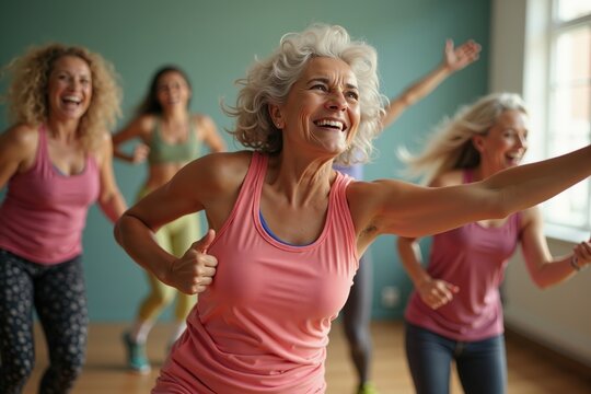 Energetic seniors embracing zumba dance fitness with joyful enthusiasm in a group class setting.