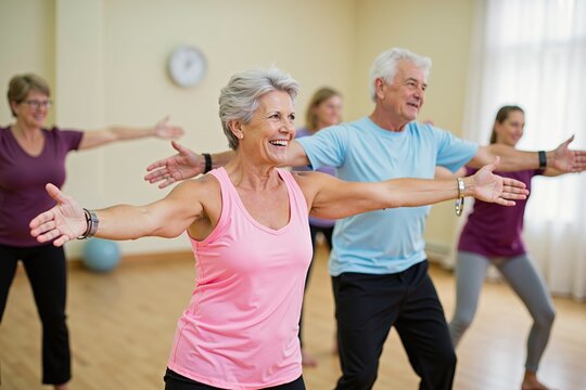 Active seniors engaging in group exercise class for health and wellness.