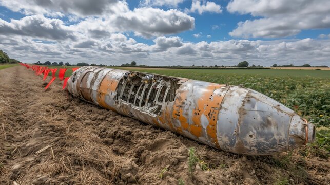 Partially buried unexploded bomb found in rural field with warning markers