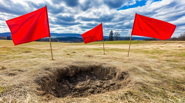 Red flags marking a partially buried unexploded bomb in rural field