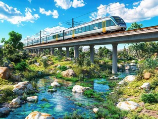 Red passenger train traveling through a lush green valley.