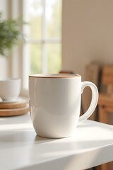 Fototapeta premium Close-up of a white coffee mug filled with a drink in a cozy room with natural light