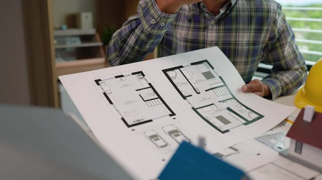 A group of structural engineers and contractors are meeting to discuss a structural design that meets international safety standards, The architects are discussing model homes and blueprints.