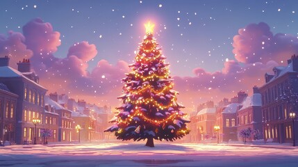 Obraz premium Beautiful Christmas tree on town square. Cartoon style. Festive and celebration concept AI generative illustration