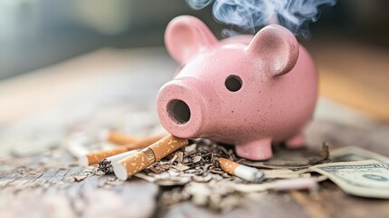 A pink piggy bank emits smoke, surrounded by dollar bills and used cigarettes, symbolizing conflicting priorities between saving money and unhealthy habits.