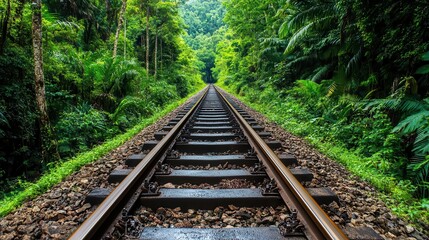 Train tracks disappearing into a lush green forest.
