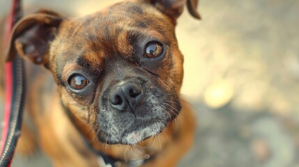 Obraz premium A close-up shot captures a small dog with a dark brown coat and big, round eyes, gazing upwards with a curious yet innocent expression in soft lighting.
