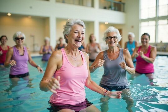 Joyful seniors enjoying group aqua exercise in indoor pool for health and fitness.