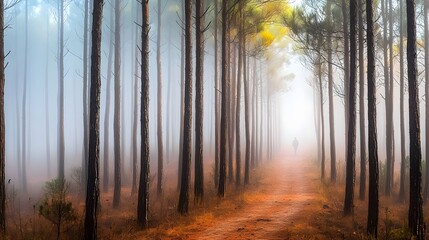 Obraz premium Misty Path Through Tall Pine Trees at Dawn