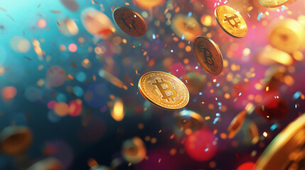 Bitcoin Coins Falling in a Colorful Christmas Celebration