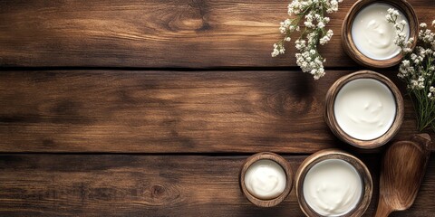 Wooden Bowls Filled with Creamy Yogurt and White Flowers on a Rustic Wooden Background