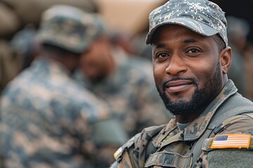 A U.S. soldier with a friendly smile stands confidently in uniform during a training exercise at a military base. Fellow servicemen can be seen engaged in various activities in the background