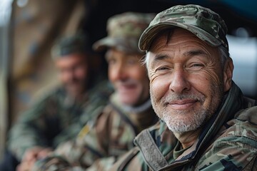 Fototapeta premium Three soldiers relax together during a military training exercise, sharing smiles and stories among the backdrop of their camouflage attire and outdoor setting, fostering solidarity and friendship