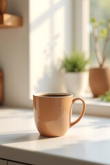 Obraz premium Brown ceramic mug filled with beverage in cozy indoor setting with natural light and green plants