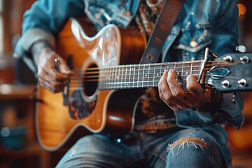 Obraz premium The musician strums an acoustic guitar with focus, seated in a warm, inviting space filled with natural light. The atmosphere is relaxed, highlighting their skill and passion for music