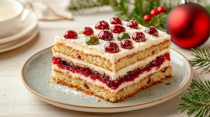 Traditional fruit cake with red and green accents, festive Christmas sweets