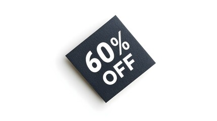 White '60% OFF' Text on a Anthracite Square Paper Note. White Background with Copy Space