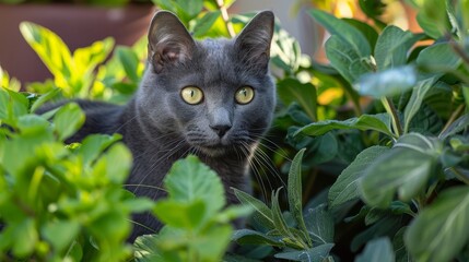 A sleek gray cat sits attentively among lush green leaves in a vibrant garden, capturing the essence of curiosity and alertness in a natural setting.