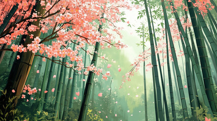 Obraz premium illustration of green bamboo forest with pink cherry blossom