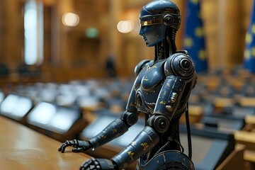 Fototapeta premium Futuristic humanoid robot sitting in empty conference hall, artificial intelligence concept for business presentations and corporate meetings. Perfect for tech innovation themes.