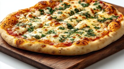 Pizza Quattro Formaggi on a wooden tray, isolated on a white background, rustic and cheesy.
