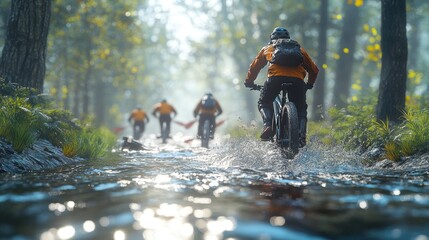 Fototapeta premium Cyclists navigating a serene forest stream on mountain bikes.