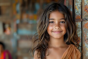 Obraz premium A portrait of a young girl smiling with long hair, wearing a brown dress, set against a rustic wooden backdrop, exuding warmth and happiness.