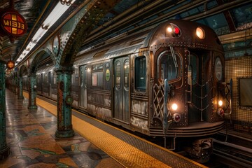 Obraz premium Subway train is stationed on a platform in an ornate underground station. Concept of vintage urban transportation. For travel-related photo content.