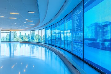 Futuristic office space with digital screens