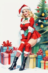 Irreverent Christmas Pin-Up with Gifts and Christmas Tree – Festive Vintage Style Holiday Illustration