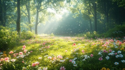 Fototapeta premium Serene forest scene with flowers and sunlight filtering through trees.