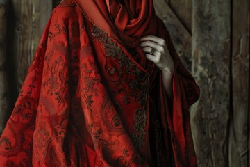 Queen wearing luxurious embroidered red medieval dress and red scarf, holding fabric