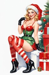 Cheerful and Irreverent Christmas Pin-Up with Santa Hat by Gifts and Tree – Vintage Watercolor Holiday Card