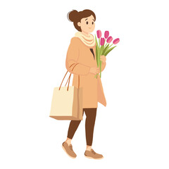 Happy satisfied young woman with shopping bag. Minimalist flat person design element, vector Hand drawn modern young man goes shopping.