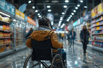 A young individual in a wheelchair navigates a busy supermarket aisle, surrounded by shelves filled with various products as shoppers go about their evening grocery shopping