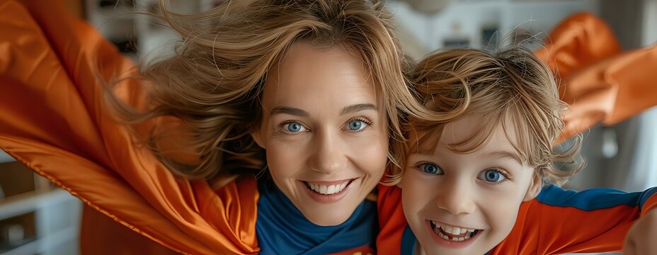 Mother and child smiling together, both wearing superhero capes and enjoying a fun moment at home. Perfect for themes of family bonding, joy, imagination, and playful moments - Powered by Adobe