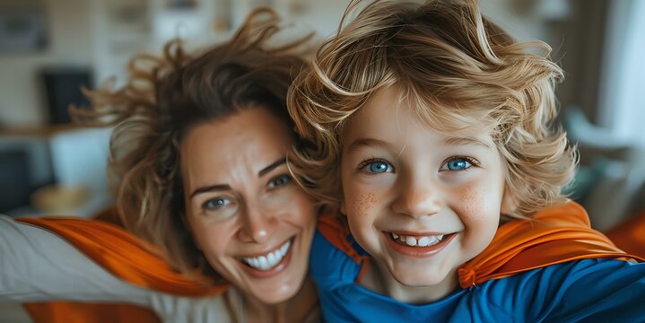Mother and child smiling together, both wearing superhero capes and enjoying a fun moment at home. Perfect for themes of family bonding, joy, imagination, and playful moments