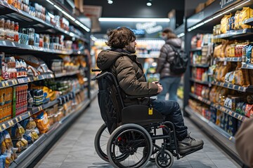 Obraz premium A young boy in a wheelchair observes the shelves stocked with various products in a grocery store. He engages with his surroundings, showcasing independence and curiosity