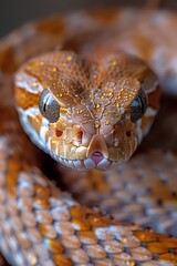 Fototapeta premium Close-up of a snake with detailed scales and piercing eyes, showcasing its natural beauty. Ideal for concepts of wildlife, reptiles, and animal photography.