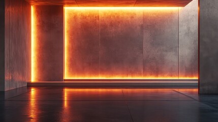 neon lights attached to wall in modern. Futuristic sci-fi abstract background, reflective concrete,...