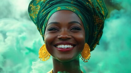 Beautiful nigerian woman smiles widely, adorned in traditional green attire, celebrating her country's independence day with pride. Nigerian Independence Day