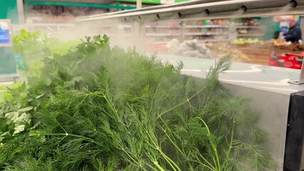 Grocery store displays fresh herbs with a light mist for added freshness and appeal