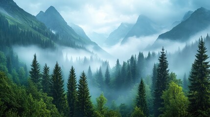 Obraz premium A Foggy Mountainous Landscape Forested with Pine Trees, a Generative AI Image
