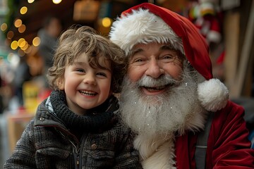 Santa Claus and a smiling young boy in festive winter clothing, both surrounded by Christmas...