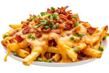 loaded cheese fries topped with chilies isolated on a transparent background