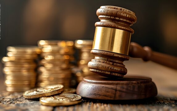 Legal fees and court costs concept with wooden judge gavel and golden coins on wooden surface, financial law and monetary justice background for attorney services.