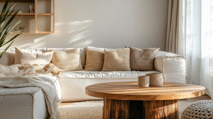 Cozy living room with a comfortable sofa, wooden coffee table, and soft decor accents.