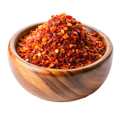 raw organic red pepper flakes in wooden bowl on transparent background