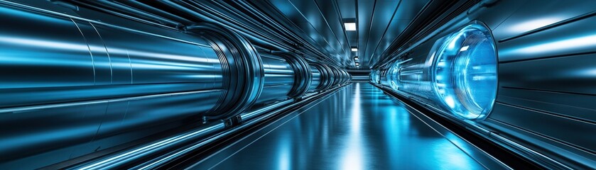 Futuristic tunnel with glowing blue lights. A sleek perspective showcasing advanced design and technological innovation.