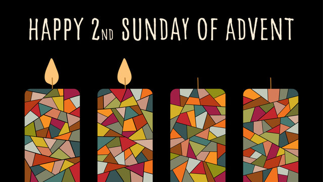 Happy 2nd Sunday of Advent - Schriftzug in englischer Sprache - Fröhlicher 2. Adventssonntag. Grußkarte mit bunten Kerzen.	